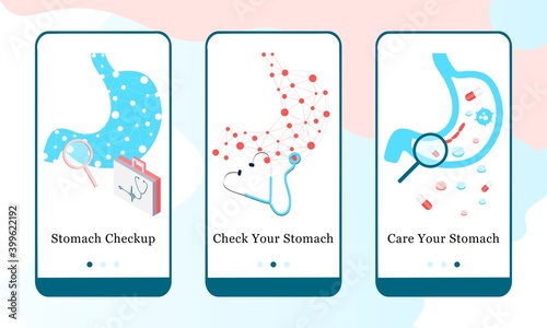 Application design set for Stomach Checkup, Check your Stomach and Care your Stomach. UI onboarding screens design. Mobile app template web site. 3D  modern vector illustrations for user interface.