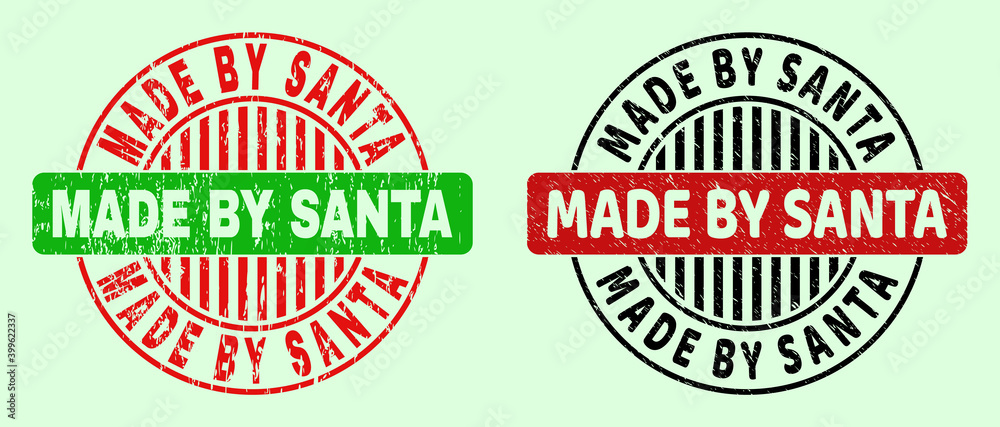 MADE BY SANTA bicolor round rubber imitations with unclean texture. Flat vector scratched seal stamps with MADE BY SANTA caption inside circle, in red, black, green colors. Round bicolor stamps.