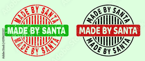 MADE BY SANTA bicolor round rubber imitations with unclean texture. Flat vector scratched seal stamps with MADE BY SANTA caption inside circle, in red, black, green colors. Round bicolor stamps.