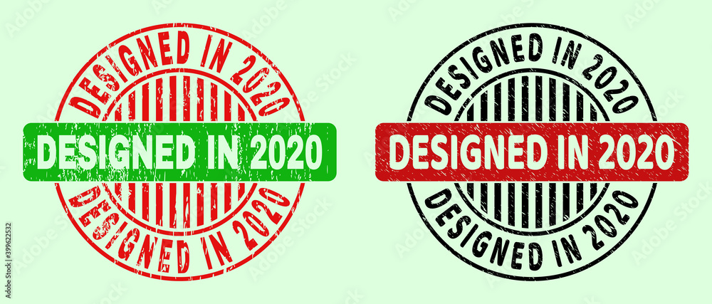DESIGNED IN 2020 bicolor round watermarks with corroded surface. Flat vector scratched watermarks using DESIGNED IN 2020 text inside round shape, in red, black, green colors.