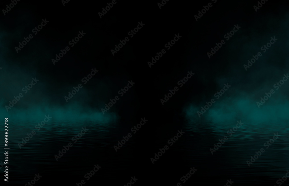 Dramatic dark background. Reflection of light on the water. Smoke Fog, rays, the moon. Empty night scene, landscape, river, clouds. Dramatic dark background. Reflection of light on the water. Smoke Fog, rays, the moon. Empty night scene, landscape, river, clouds.