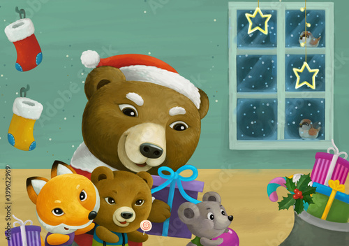 cartoon scene with animal santa claus bear with presents christmas illustration