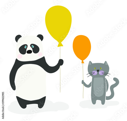 Panda e gato com balão