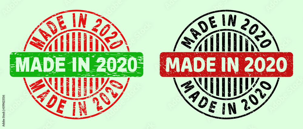 MADE IN 2020 bicolor round watermarks with unclean surface. Flat vector textured watermarks with MADE IN 2020 text inside circle, in red, black, green colors. Round bicolor seals. MADE IN 2020 bicolor round watermarks with unclean surface. Flat vector textured watermarks with MADE IN 2020 text inside circle, in red, black, green colors. Round bicolor seals.