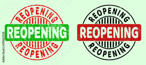 REOPENING bicolor round rubber imitations with grunge style. Flat vector textured watermarks with REOPENING text inside round shape, in red, black, green colors. Round bicolor stamps.