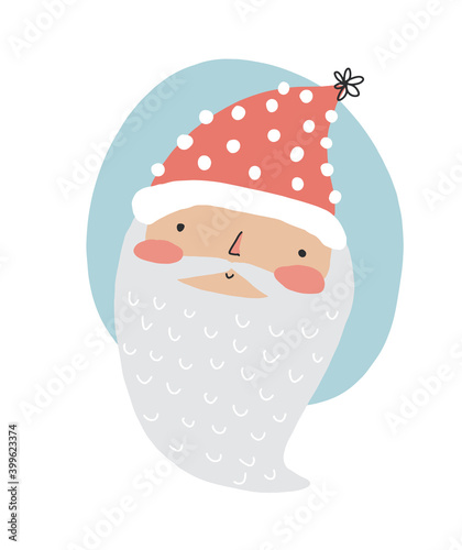 Cute Winter Holidays Vector Illustration with Funny Santa Claus. Hand Drawn Santa Claus in the Dotted Red Woolen Cap Isolated on a Pastel Blue and White Background. Infantile Style Christmas Card.