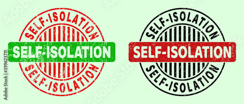 SELF-ISOLATION bicolor round rubber imitations with corroded style. Flat vector grunge seal stamps using SELF-ISOLATION text inside round shape, in red, black, green colors. Round bicolor stamps.