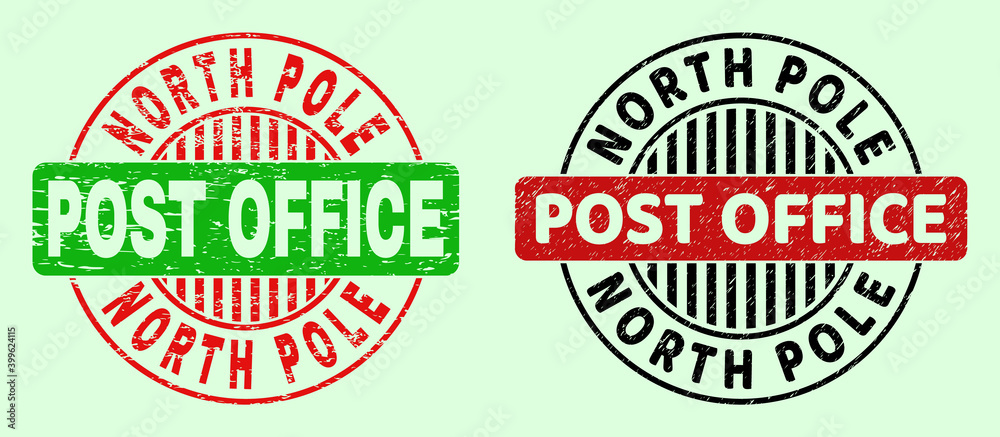 NORTH POLE POST OFFICE bicolor round imprints with distress style. Flat vector textured seal stamps with NORTH POLE POST OFFICE phrase inside circle, in red, black, green colors.