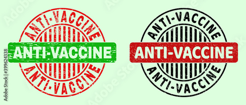 ANTI-VACCINE bicolor round watermarks with corroded texture. Flat vector textured seals with ANTI-VACCINE title inside round shape, in red, black, green colors. Round bicolor seal stamps.