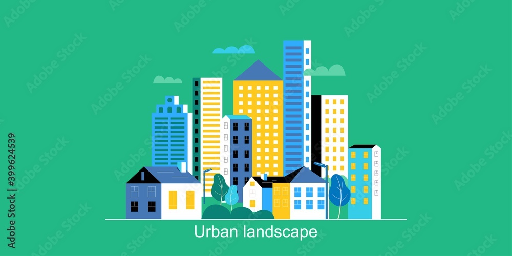 Vector Landscape city  with many building, trees, cloud on the green background. Horizontal Flat abstract illustration.