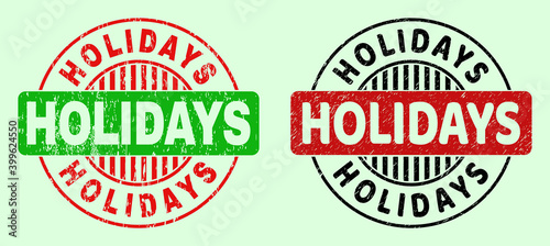HOLIDAYS bicolor round imprints with unclean surface. Flat vector scratched seal stamps with HOLIDAYS caption inside circle, in red, black, green colors. Rounded bicolor seal stamps.