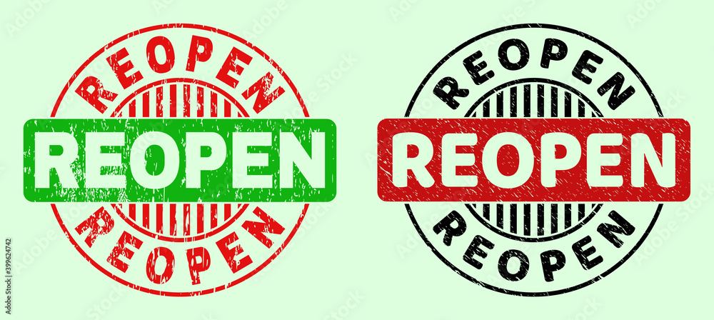 REOPEN bicolor round imprints with unclean texture. Flat vector distress seal stamps with REOPEN phrase inside circle, in red, black, green colors. Rounded bicolor seal stamps.