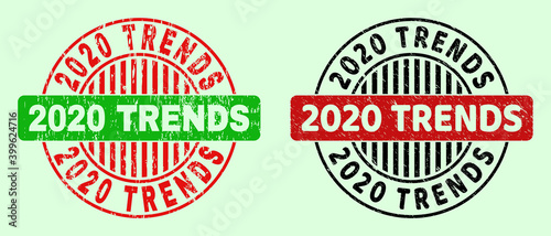 2020 TRENDS bicolor round watermarks with corroded texture. Flat vector scratched stamps using 2020 TRENDS phrase inside round shape, in red, black, green colors. Round bicolor stamps.
