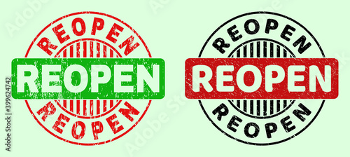 REOPEN bicolor round imprints with unclean texture. Flat vector distress seal stamps with REOPEN phrase inside circle, in red, black, green colors. Rounded bicolor seal stamps.