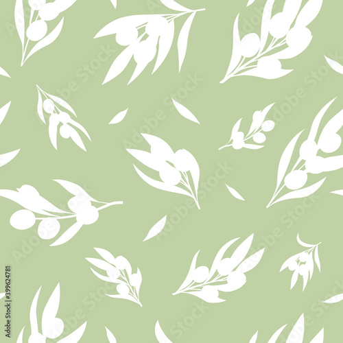 Seamless pattern of white olives branches on green background