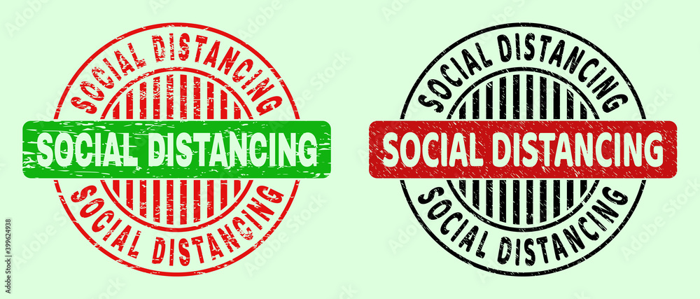 SOCIAL DISTANCING bicolor round imprints with grunge texture. Flat vector grunge watermarks with SOCIAL DISTANCING title inside round shape, in red, black, green colors. Round bicolor seals. SOCIAL DISTANCING bicolor round imprints with grunge texture. Flat vector grunge watermarks with SOCIAL DISTANCING title inside round shape, in red, black, green colors. Round bicolor seals.