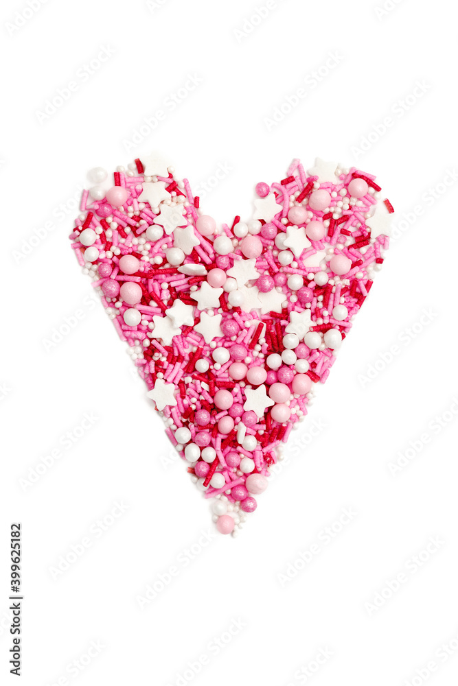Fototapeta premium Sugar sprinkle in the form of a heart, decoration for cake and bakery, background