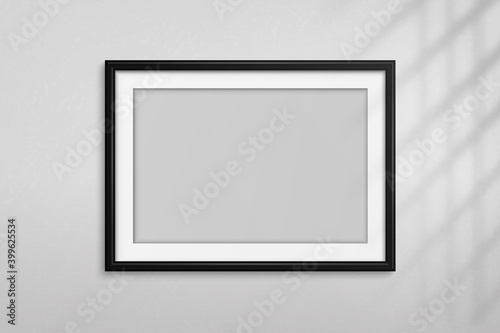 Mockup black frame photo. Shadow on wall. Mock up artwork picture framed. Horizontal boarder. Empty board a4 photoframe. Modern stylish 3d border. Design prints poster, blank, painting image. Vector