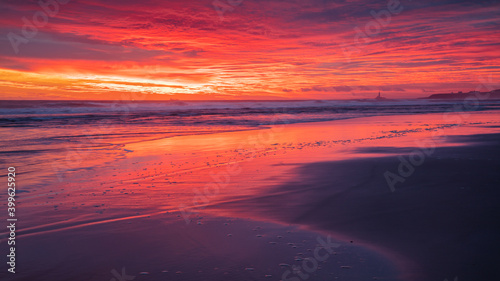 Colourful sunrise over Blyth Beach on the coast of Northumberland, England, UK.