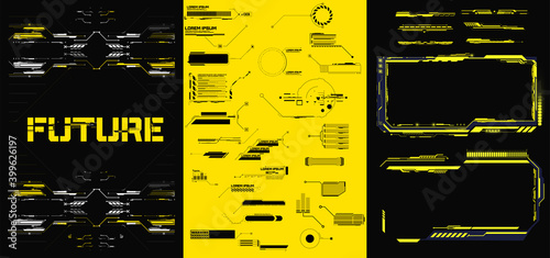 Abstract digital technology UI, UX Futuristic HUD, FUI, Virtual Interface. Callouts titles and frame in Sci- Fi style. Bar labels, info call box bars. Futuristic info boxes layout templates. photo