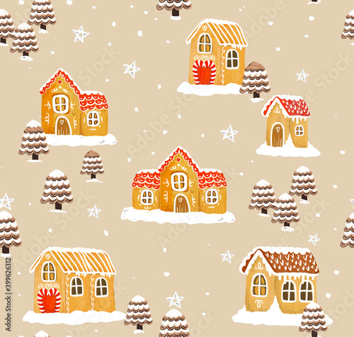 Christmas gingerbread houses with fir tree, snow cute hand drawn watercolor pattern.