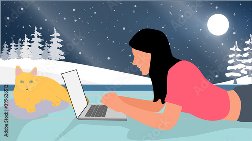 Cozy winter stay at home. Freelancer Working at home. Interior workspace editable vector illustration.