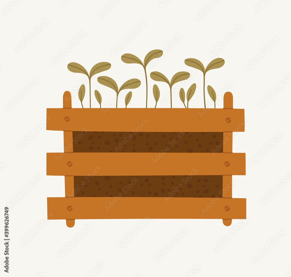 Vector illustration of a wooden box with the ground and greenery sprouts isolated on a beige background. Hand-drawn. Concept of healthy eating, springtime gardening, farming. Vector illustration of a wooden box with the ground and greenery sprouts isolated on a beige background. Hand-drawn. Concept of healthy eating, springtime gardening, farming.