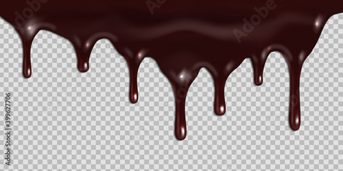 Melted dark chocolate dripping isolated on transparent background. Vector 3d realistic illustration of liquid cocoa cream flowing. Pouring chocolate drip from cake top border design