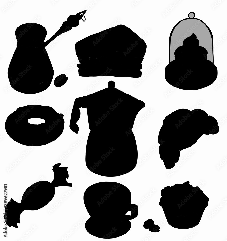 Teapots and mugs, coffee cups vector silhouette illustration. Vector illustration Teapots and mugs, coffee cups vector silhouette illustration. Vector illustration