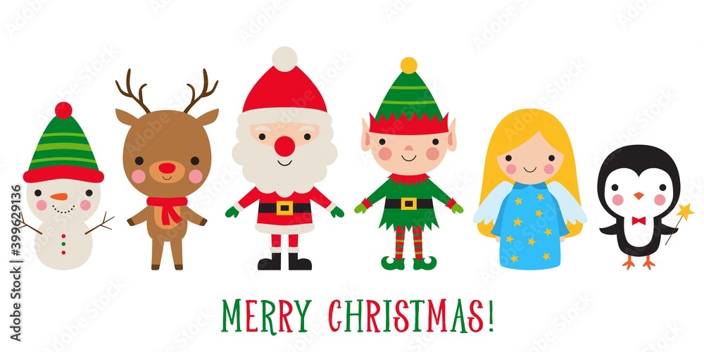 Cute Christmas characters - Santa, deer, snowman, elf, angel, penguin