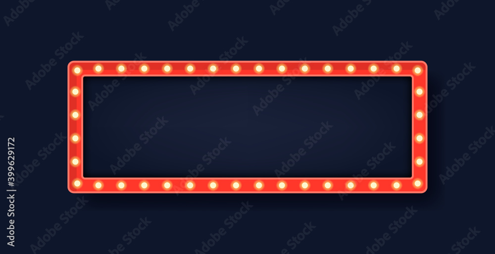 Lightbox billboard with empty transparent background. Retro rectangle bulb frame with space for advertisement, promotion and text. Vector illustration