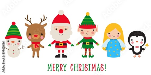 Cute Christmas characters - Santa, deer, snowman, elf, angel, penguin © lattesmile