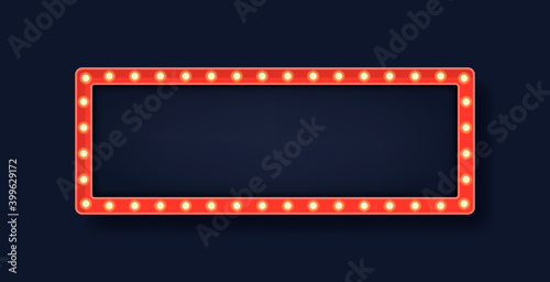 Lightbox billboard with empty transparent background. Retro rectangle bulb frame with space for advertisement, promotion and text. Vector illustration
