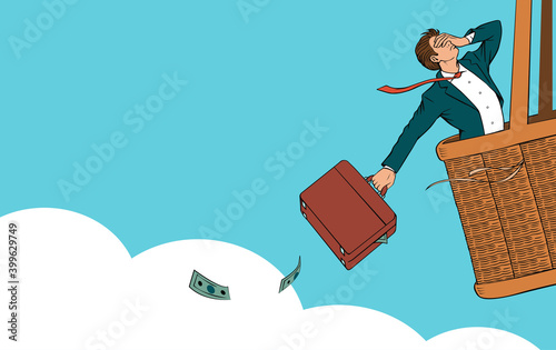 The businessman throws away the money case. Flies in the sky in a balloon. Life and business saving concept. Vector cartoon pop art illustration.