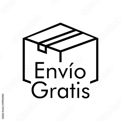 Icono caja de cartón con texto Envío Gratis en español con lineas en color negro