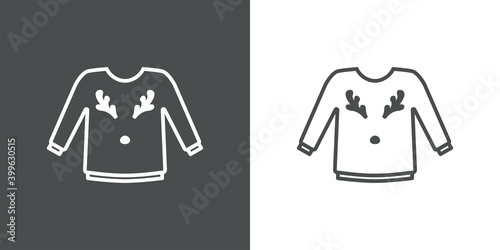 Icono suéter de invierno de lana con astas y nariz de rena Rodolfo con lineas en fondo gris y fondo blanco