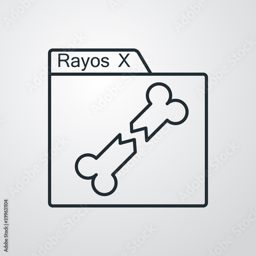Fractura de huesos. Icono expediente con texto Rayos X en español y radiografía con hueso roto con lineas en fondo gris