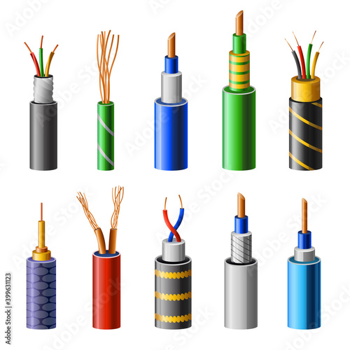 Electrical copper cable. Set with varieties of electric wire. Connection cable power colored for network and electricity for different amperage. Head element of electrical installation works