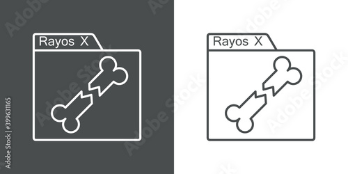 Fractura de huesos. Icono expediente con texto Rayos X en español y radiografía con hueso roto con lineas en fondo gris y fondo blanco
