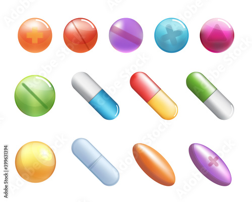 Pills. Medicine healthcare vitamins and antibiotics capsule, pharmaceutical painkiller or drugs isolated vector icons set. Medical symbols