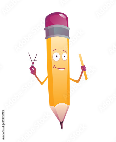 Pencil cartoon. Cute humanized pencil character with arms and face emoji illustration with school supplies