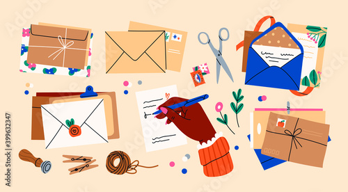 Various Envelopes with mail, postmarks, Postcards. Different objects, Craft paper, scissors, twine, sealing wax, handmade cards, confetti. Hand drawn big Vector set. All elements are isolated