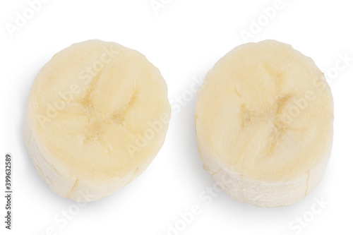 peeled banana pieces isolated on white background with clipping path and full depth of field. Top view. Flat lay.