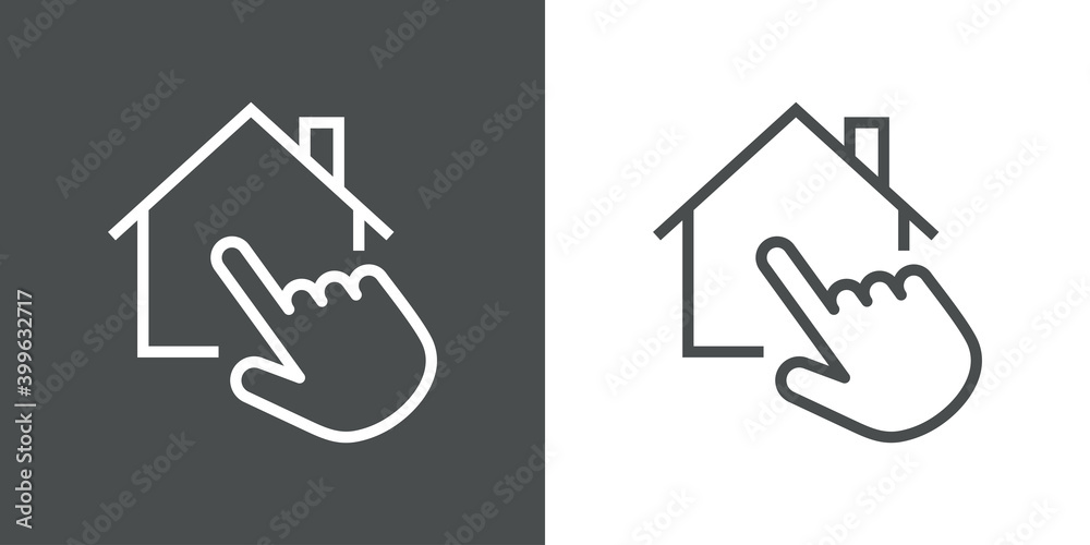 Símbolo domótica. Logotipo con contorno de casa con mano como puntero táctil de ordenador con lineas en fondo gris y fondo blanco Símbolo domótica. Logotipo con contorno de casa con mano como puntero táctil de ordenador con lineas en fondo gris y fondo blanco