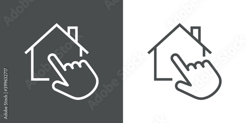 Símbolo domótica. Logotipo con contorno de casa con mano como puntero táctil de ordenador con lineas en fondo gris y fondo blanco