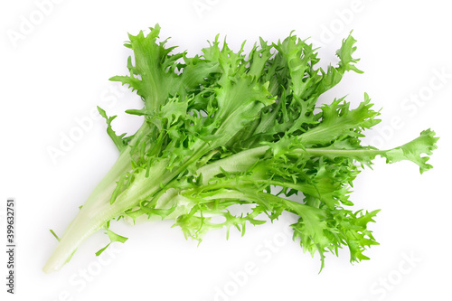 Fresh green leaves of endive frisee chicory salad isolated on white background with clipping path and full depth of field. Top view. Flat lay photo