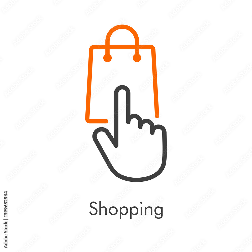 Tienda en línea. Logotipo lineal con texto Shopping con bolsa de la compra con mano de cursor en naranja y gris - obrazy, fototapety, plakaty 