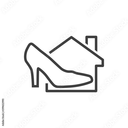 Tienda de zapatos. Logotipo con zapato de mujer de tacón alto en casa con lineas en color negro