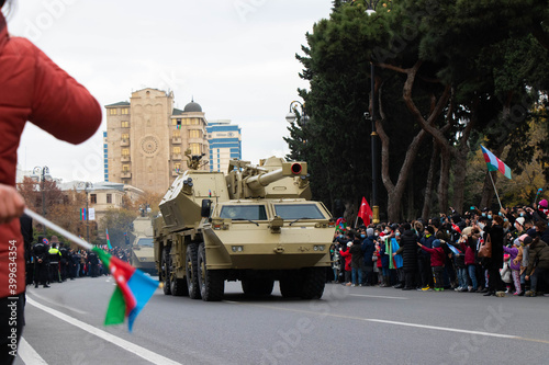 Azerbaijan artillery weapons in the victory parade. 152mm SpGH DANA is a wheeled self-propelled artillery piece. Baku - Azerbaijan: 10 December 2020. photo