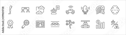 outline set of artificial intellegence line icons. linear vector icons such as flyboard, mind transfer, driverless autonomous car, biometrics, brain, recognition, detection, personal assistant, high